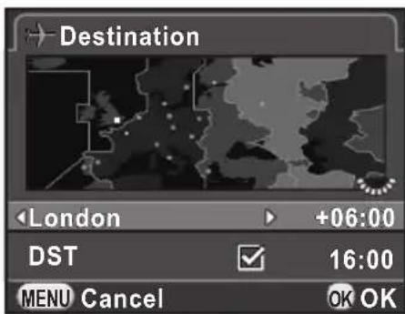 Destination London +06:00 DST 16:00 MENU Cancel OK OK