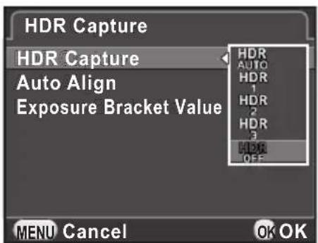 HDR Capture HDR Capture Auto Align Exposure Bracket Value HDR AUTO HDR 1 HDR 2 HDR 3 HDD OFF MENU Cancel OK OK