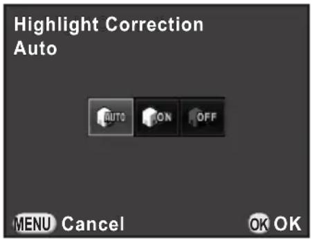 Highlight Correction Auto AUTO ON OFF MENU Cancel OK OK