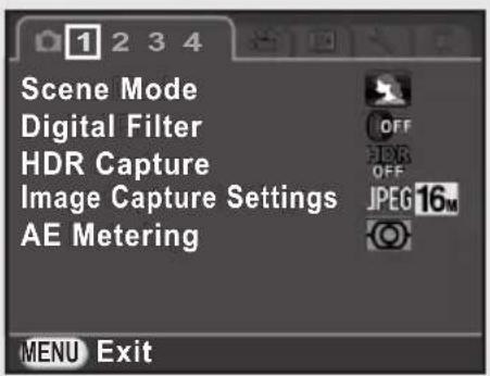 Scene Mode Digital Filter HDR Capture Image Capture Settings AE Metering OFF HDR OFF JPEG 16M MENU Exit