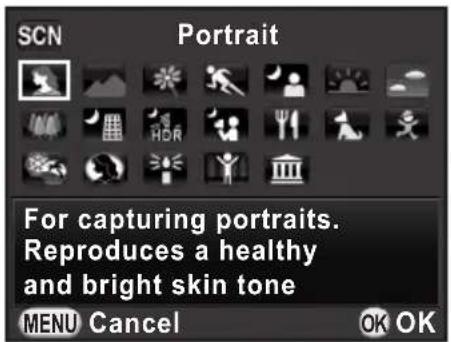 SCN Portrait For capturing portraits. Reproduces a healthy and bright skin tone MENU Cancel OK OK
