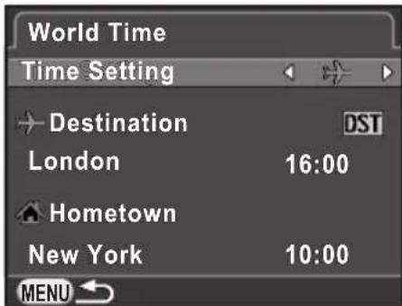 World Time Time Setting Destination London 16:00 Hometown New York 10:00 MENU