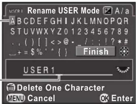 Reme NAME USER Mode A/a A B C D E F G H I J K L M N O P Q R S T U V W X Y Z 0 1 2 3 4 5 6 7 8 9 . . ( ) [ ] < > @ - / : ; ! ? * # + = $ % ' " { } Finish USER 1 Delete One Character MENU Cancel OK Enter