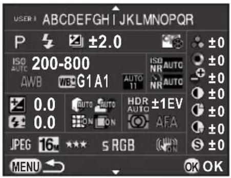 USER: ABCDEFGH | JKLMNOPQR P ±2.0 ISO 200-800 AWB WB2 G1 A1 AUTO 11 ISO NR AUTO NR AUTO ±0 ±0 ±0 ±0 ±0 ±0 ±0 ±0 ±0 ±0 ±0 ±0 ±0 ±0 ±0 ±0 ±0 ±0 ±0 ±0 ±0 ±0 ±0 ±0 ±0 ±0 ±0 ±0 ±0 ±0 ±0 ±0 ±0 ±0