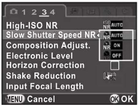High-ISO NR Slow Shutter Speed NR Composition Adjust. Electronic Level Horizon Correction Shake Reduction Input Focal Length MENU Cancel OK OK