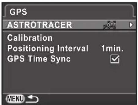 GPS ASTROTRACER OFF Calibration Positioning Interval 1min. GPS Time Sync ✓ MENU ←