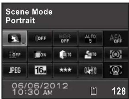 Scene Mode Portrait OFF HDR OFF AUTO 5 AFA OFF OFF ON AUTO AUTO JPEG 16M ★★★ ON ON 06/06/2012 10:30 AM 128