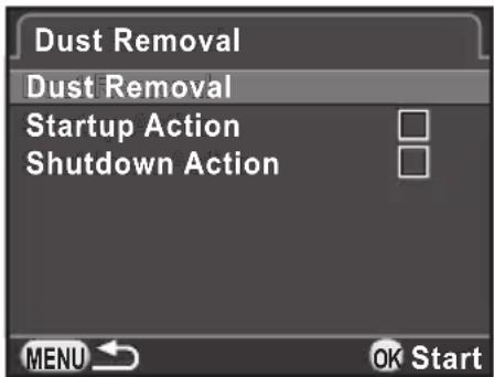 Dust Removal Dust Removal Startup Action Shutdown Action MENU OK Start