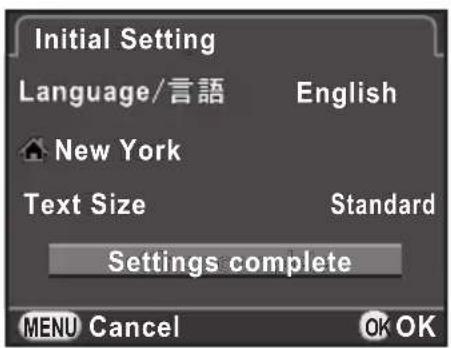 Initial Setting Language/言語 English New York Text Size Standard Settings complete MENU Cancel OK OK