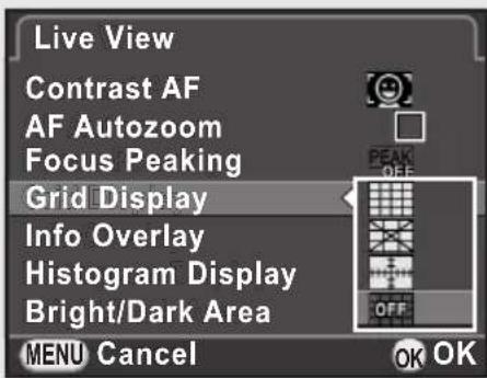 Live View Contrast AF AF Autozoom Focus Peaking Grid Display Info Overlay Histogram Display Bright/Dark Area MENU Cancel OK OK