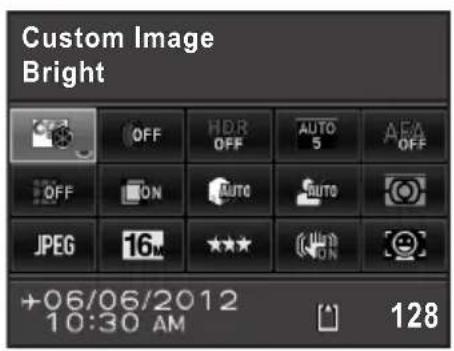 Custom Image Bright OFF HDR OFF AUTO 5 AEM OFF OFF ON Auto AUTO JPEG 16 ★★★ ON [●] +06/06/2012 10:30 AM 128