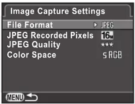 Image Capture Settings File Format ▶ JPEG JPEG Recorded Pixels 16M JPEG Quality ★★★ Color Space s RGB MENU