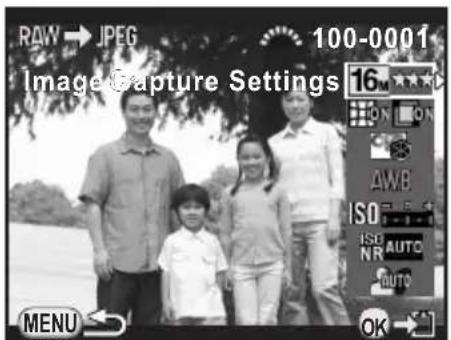 RAW → JPEG 100-0001 Image Capture Settings 16 AWB ISO ISO AUTO NR AUTO MENU OK