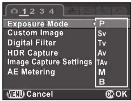 1 2 3 4 Exposure Mode Custom Image Digital Filter HDR Capture Image Capture Settings AE Metering P Sv Tv Av TAv M B MENU Cancel OK OK
