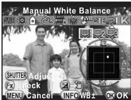 Manual White Balance SHUTTER Adjust Fx Check MENU Cancel INFO WB± OK OK