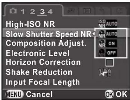 High-ISO NR Slow Shutter Speed NR Composition Adjust. Electronic Level Horizon Correction Shake Reduction Input Focal Length MENU Cancel OK OK