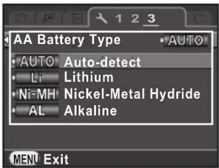 AA Battery Type AUTO Auto-detect Li Lithium Ni-MH Nickel-Metal Hydride AL Alkaline MENU Exit