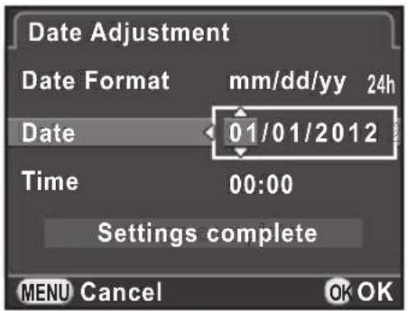 Date Adjustment Date Format mm/dd/yy 24h Date 01/01/2012 Time 00:00 Settings complete MENU Cancel OK OK