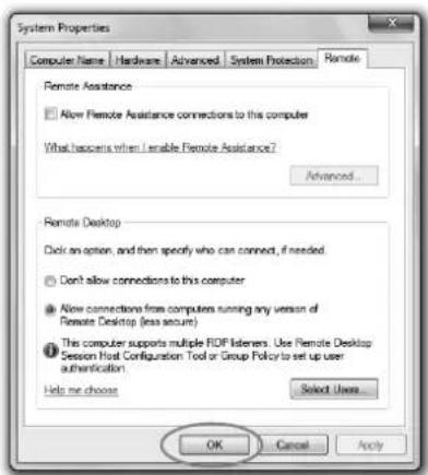 System Properties Computer Name Hardware Advanced System Protection Remode Remote Assistance Allow Remote Assistance connections to this computer What happens when I enable Remote Assistance? Advanced... Remote Desktop Click an option, and then specify who can connect, if needed. Don't allow connections to this computer Allow connections from computers running any version of Remote Desktop (less secure) This computer supports multiple FIDF listeners. Use Remote Desktop Session Host Configuration Tool or Group Policy to set up user authentication Help me choose Select Users OK Cancel Apply