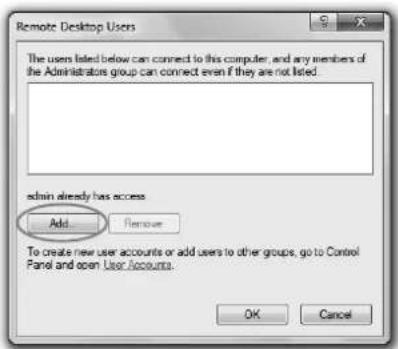 Remote Desktop Users The users listed below can connect to this computer, and any members of the Administrators group can connect even if they are not listed. admin already has access Add... Remove To create new user accounts or add users to other groups, go to Control Panel and open User Accounts. OK Cancel