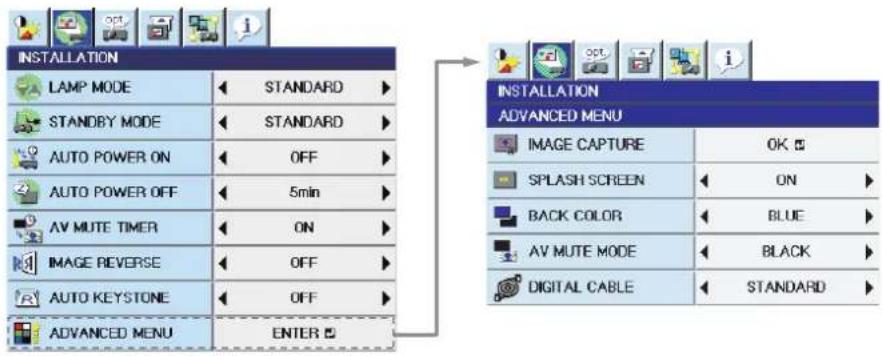 INSTALLATION LAMP MODE STANDARD STANDBY MODE STANDARD AUTO POWER ON OFF AUTO POWER OFF 5min AV MUTE TIMER ON IMAGE REVERSE OFF AUTO KEYSTONE OFF ADVANCED MENU ENTER INSTALLATION ADVANCED MENU IMAGE CAPTURE OK SPLASH SCREEN ON BACK COLOR BLUE AV MUTE MODE BLACK DIGITAL CABLE STANDARD