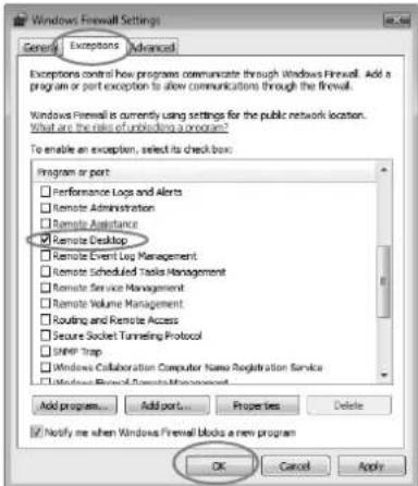 Windows Firewall Settings General Exceptions Advanced Exceptions control how programs communicate through Windows Firewall. Add a program or part exception to allow communications through the firewall. Windows Firewall is currently using settings for the public network location. What are the role of unkbinding a program? To enable an exception, select its check box: Program or port Performance Logs and Alerts Remote Administration Remote Assistance Remote Desktop Remote Event Log Management Remote Scheduled Tools Management Remote Service Management Remote Volume Management Routing and Remote Access Secure Socket Tunneling Protocol Shrip Trap Windows Collaboration Computer Name Registration Service Windows Firewall Options Management Add programs... Add port... Properties Delete Modify me when Windows Firewall blocks a new program OK Cancel Apply