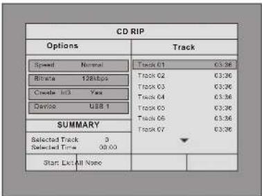 CD RIP Options Speed Nominal Bilvata 128kbps Credite Info Yes Device USB 1 SUMMARY Selected Track 3 Selected Time 00:00 Start Ext All None Track 01 63:36 Track 02 63:36 Track 03 63:36 Track 04 63:36 Track 05 63:36 Track 06 63:36 Track 07 63:36