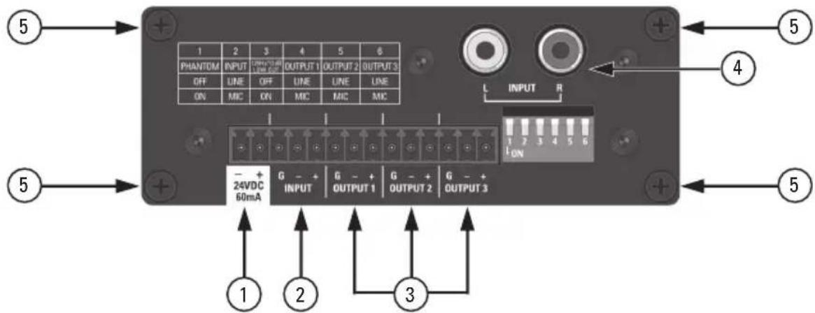 1 2 3 4 5 6 PHANTOM INPUT OUTPUT 1 OUTPUT 2 OUTPUT 3 OFF LINE OFF LINE LINE LINE ON MIC ON MIC MIC MIC L INPUT R - + 24VDC 60mA INPUT G - + OUTPUT 1 G - + OUTPUT 2 G - + OUTPUT 3 1 2 3 4 5 6 3 5