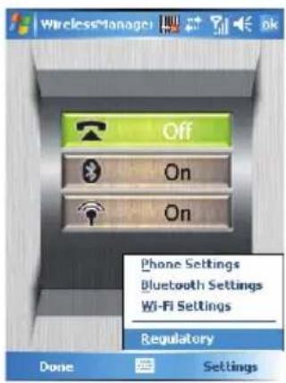 Wireless Manage Off On On Phone Settings Bluetooth Settings Wi-Fi Settings Regulatory Done Settings
