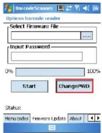 BarcodeScanner Option barcode reader Select Firmware File ... Input Password 0% 100% Start ChangePWD Status: Manucodes Firmware Update About