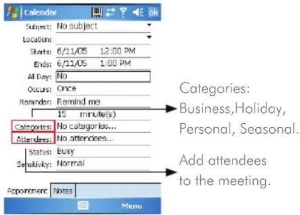 Calendar Subject: No subject Location: Starts: 6/11/05 12:00 PM Ends: 6/11/05 1:00 PM All Day: No Occurs: Once Reminder: Remind me 15 minute(s) Categories: No categories... Attendees: No attendees... Status: Busy Sensitivity: Normal Appointment: Notes Menu Categories: Business,Holiday, Personal, Seasonal. Add attendees to the meeting.