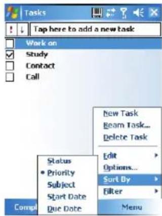 Tasks Tap here to add a new task Work on Study Contact Call Status • Priority Subject Start Date Due Date New Task Beam Task... Delete Task Edit Options... Sort By Filter Menu