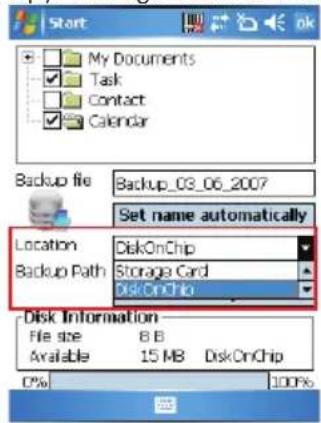 Start My Documents Task Contact Calendar Backup file Backup_03_06_2007 Set name automatically Location DiskOnChip Backup Path Storage Card DiskOnChip Disk Information File size 8.8 Available 15 MB DiskOnChip D% 100%
