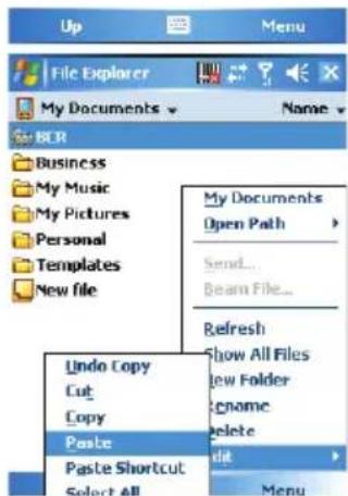 Up Menu File Explorer My Documents Name BCR Business My Music My Pictures Personal Templates New file My Documents Open Path Send... Beam File... Refresh Undo Copy Cut Copy Paste Paste Shortcut Select All New Folder Rename Delete Edit Menu
