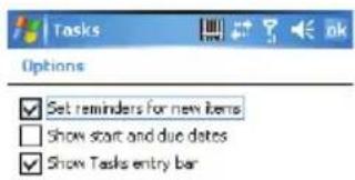 Options ✓ Set reminders for new items ☐ Show start and due dates ✓ Show Tasks entry bar