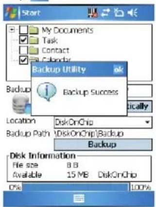 Start My Documents Task Contact Calendar Backup Utility i Backup Success Location DiskOnChip Backup Path DiskOnChip|Backup Backup Disk Information File size 8 B Available 15 MB DiskOnChip 0% 100%