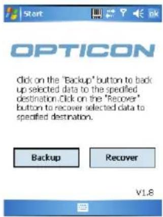 Start OPTICON Click on the "Backup" button to back up selected data to the specified destination. Click on the "Recover" button to recover selected data to specified destination. Backup Recover V1.8