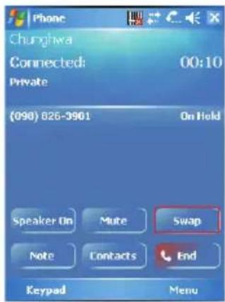 Phone Chunghwa Connected: 00:10 Private (090) 826-3901 On Hold Speaker On Mute Swap Note Contacts End Keypad Menu