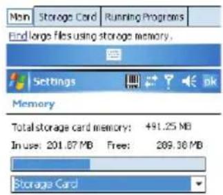 Main Storage Cord Running Programs Find large files using storage memory. Settings Memory Total storage card memory: 491.25 MB In use: 201.87 MB Free: 209.36 MB Storage Card