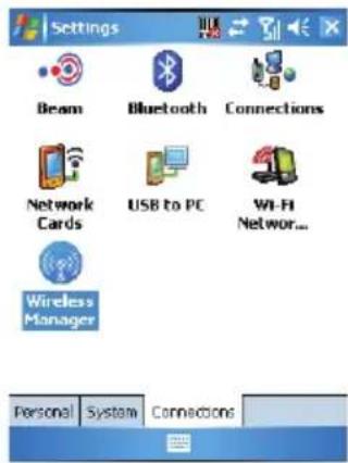 Settings Beam Bluetooth Connections Network Cards USB to PC Wi-Fi Network... Wireless Manager Personal System Connections