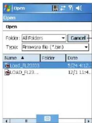 Open Open Folder: All Folders Cancel Type: Firmware file (*.bin) Name ▲ Folder Date Load_FL23103 5/24 4:12.. LOAD_FL23... 12/1 11:4..