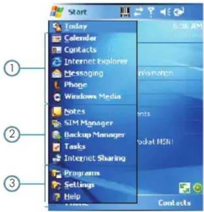 Start Today Calendar Contacts Internet Explorer Messaging Phone Windows Media Notes SIM Manager Backup Manager Tasks Internet Sharing Programs Settings Help