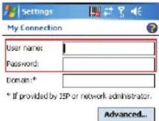 Settings My Connection User name: Password: Domain:* * If provided by 1SP or network administrator. Advanced...