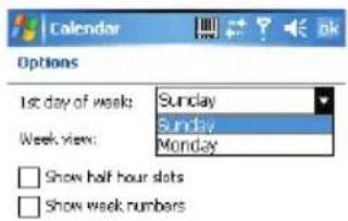 Calendar Options 1st day of week: Sunday Week view: Sunday Monday Show half hour slots Show week numbers