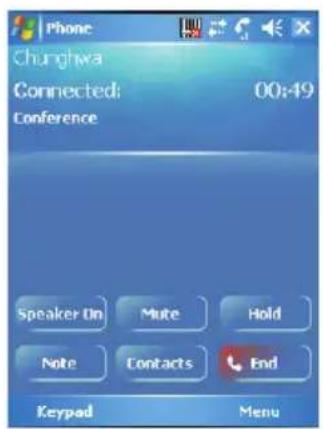 Phone Chunghwa Connected: 00:49 Conference Speaker On Mute Hold Note Contacts End Keypad Menu