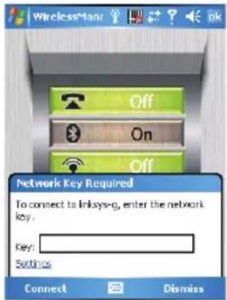 WirelessMan Off On Off Network Key Required To connect to Inksys-g, enter the network key. Key: Settings Connect Dismiss