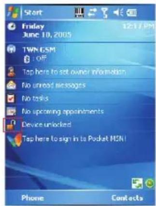 Start Friday June 10, 2005 12:17 PM TWN GSM OFF Tap here to set owner information No unread messages No tasks No upcoming appointments Device unlocked Tap here to sign in to Pocket MSN! Phone Contacts
