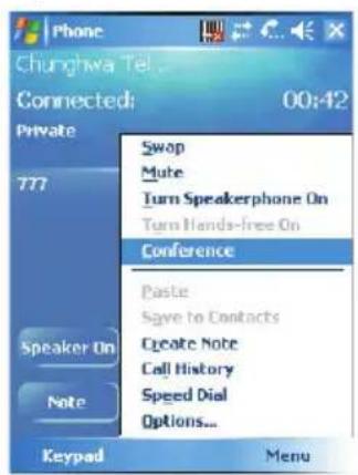 Phone Chunghwa Tel Connected: 00:42 Private 777 Speaker On Note Swap Mute Turn Speakerphone On Turn Hands-free On Conference Paste Save to Contacts Create Note Call History Speed Dial Options... Keypad Menu