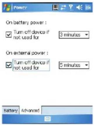 On battery power : ✓ Turn off device if not used for 3 minutes On external power : ✓ Turn off device if not used for 5 minutes Battery Advanced