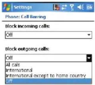 Phone: Call Barring Block incoming calls: Off Block outgoing calls: Off All calls International International except to home country Off